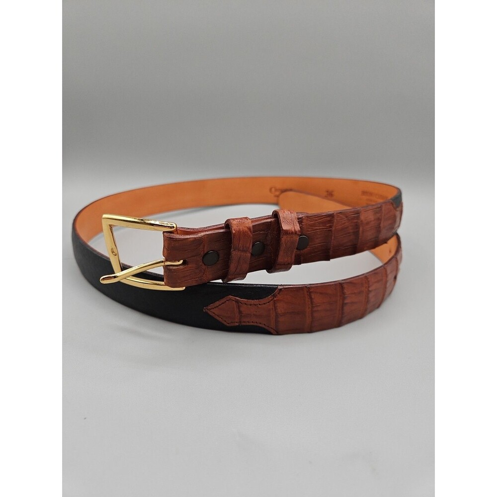 Caimen Bison Brown Black Leather Mens Crescent Belt Handcrafted In USA Size 36